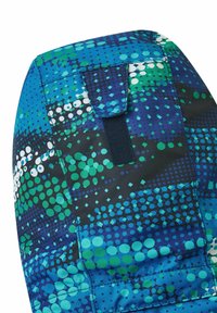 Blue and green patterned fabric featuring dots and diamonds, with a looped strap at the top for attachment or carrying.