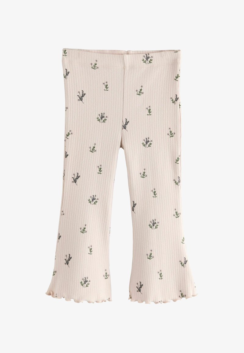 Leggings crèmes à côtes avec un ourlet évasé, ornés d'un motif floral en vert et violet, fabriqués en un doux mélange de coton.