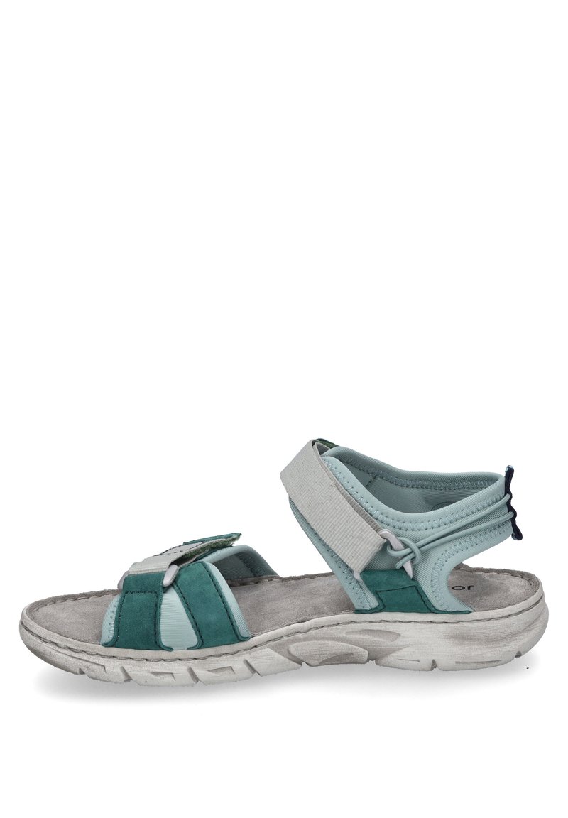 Zelené a světle modré sandály s semišovou texturou, nastavitelné popruhy a polstrovanou podrážkou. Obsahují uzavření na suchý zip pro snadné obouvání.