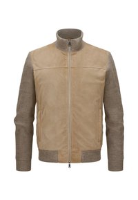 Beige Lederjacke mit gerippten grauen Strickärmel und hohem Kragen. Verfügt über einen Frontreißverschluss und zwei seitliche Taschen. Insgesamt glatte Textur.