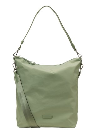 Grand sac à épaule vert clair avec double bandoulière, fermeture éclair et attaches métalliques pour options de port ajustables.