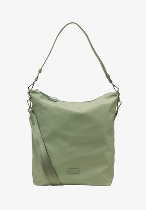 Grand sac à épaule vert clair avec double bandoulière, fermeture éclair et attaches métalliques pour options de port ajustables.