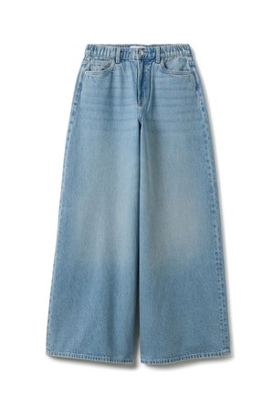 Light blue wide-leg jeans with elasticized waistband, front button and zip closure, and five-pocket design.