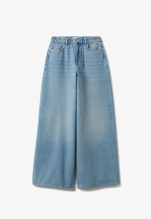 Light blue wide-leg jeans with elasticized waistband, front button and zip closure, and five-pocket design.
