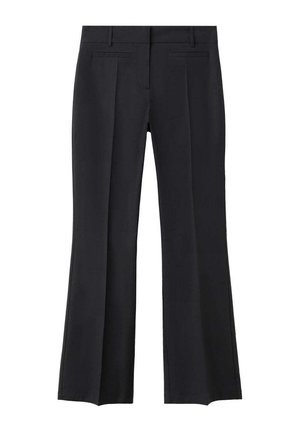 Pantalones de vestir negros de pierna recta con pliegues delanteros y bolsillos laterales con abertura, diseñados para uso formal o de oficina.