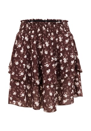 Bruine gelaagde rok met wit klein bloemenpatroon en elastische geplooide tailleband.