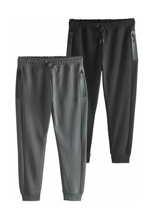 To sæt af joggingbukser i forskellige nuancer af grå og sort. Funktioner inkluderer elastiske taljebånd, lynlåslommer og ribbede manchetter.