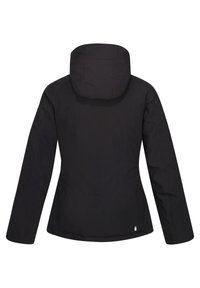 Veste imperméable noire pour femme avec manches longues et capuche attachée, vue de dos.
