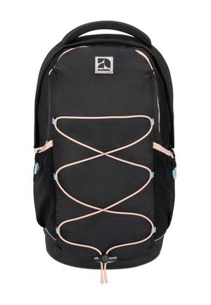 Schwarzer Rucksack mit strukturierter Oberfläche, ausgestattet mit rosa elastischen Kordeln, einer vorderen Reißverschlusstasche und einem oberen Griff zum Tragen.