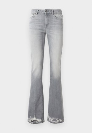 Grå utsvängda jeans med en blekt design, med fransade nederkanter och en klassisk femfickstil. Tillverkade av denim med en mjuk textur.
