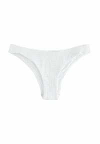 Bela bikinka z dodelano teksturo, s polovičnim krojem. Notranjost je obložena z gladkim, kontrastnim materialom.