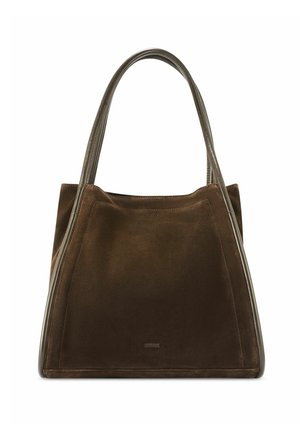 Brązowa zamszowa torebka z wykończeniem ze skóry, o konstrukcyjnym kształcie trapezu i podwójnymi uchwytami na górze.