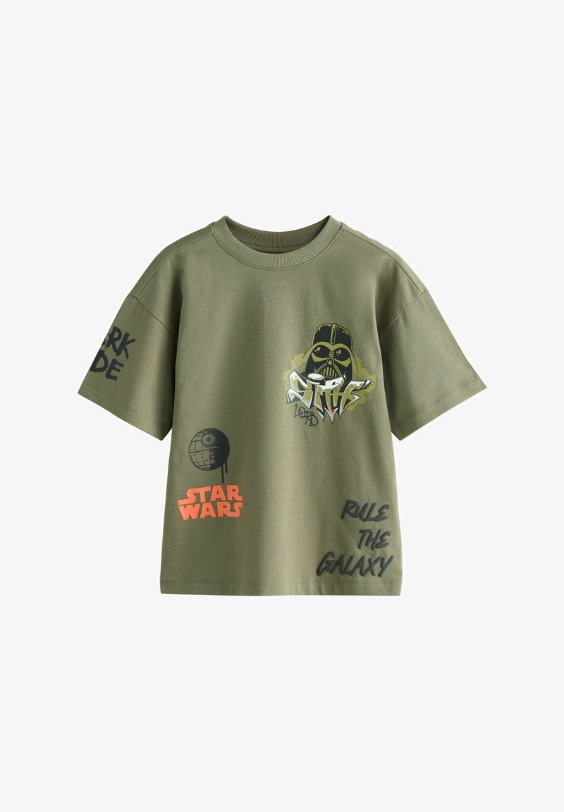 Olive green Star Wars T-shirt with Darth Vader graphic, Death Star, "STAR WARS" text, and "RULE THE GALAXY" slogan.