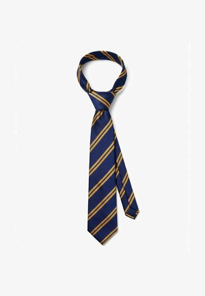 Navy blue necktie with a loose knot, featuring diagonal mustard yellow stripes on a white background.