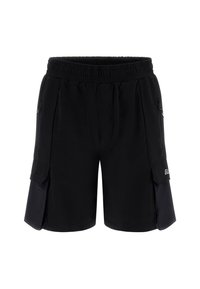 Schwarze Cargo-Shorts mit elastischem Bund, Seitentaschen und gesteppten Akzenten. Hergestellt aus weichem, leichtem Stoff für hohen Tragekomfort.