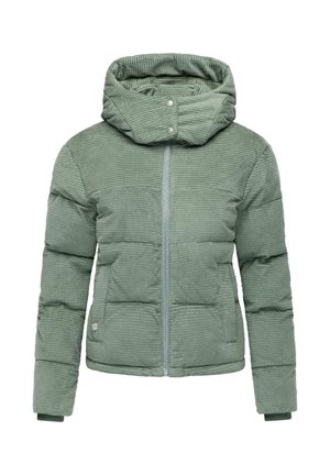 Veste doudoune verte avec un motif texturé, capuche, fermeture éclair et poignets élastiques. Comprend un rembourrage cousu pour l'isolation.