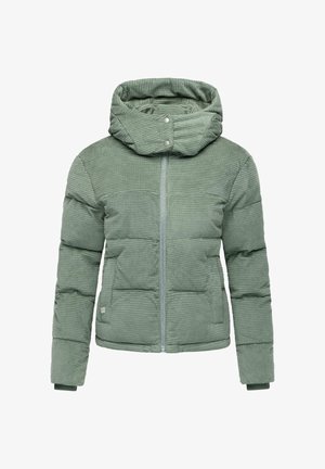 Grüne Pufferjacke mit einem strukturierten Muster, Kapuze, Reißverschluss und elastischen Bündchen. Verfügt über gestepptes Padding zur Isolierung.