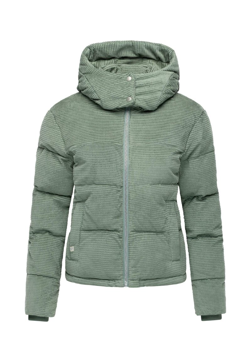 Grønn pufferjakke med teksturert mønster, hette, glidelås og elastiske mansjetter. Har sydd polstring for isolasjon.