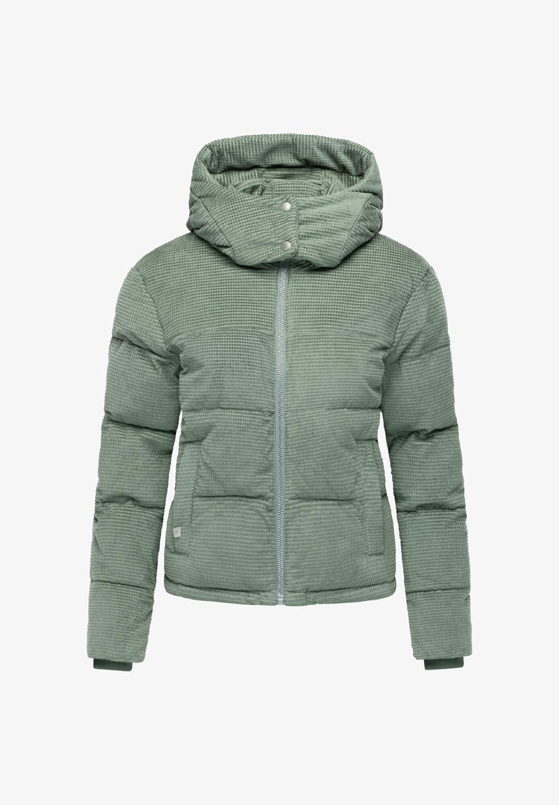 Grønn pufferjakke med teksturert mønster, hette, glidelås og elastiske mansjetter. Har sydd polstring for isolasjon.