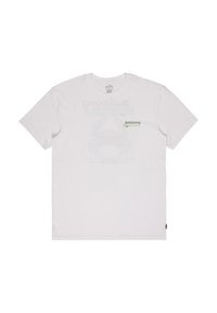 Λευκό βαμβακερό μπλουζάκι με κοντά μανίκια, στρογγυλή λαιμόκοψη και διακριτικό πράσινο και μαύρο γραφικό σχέδιο στο στήθος.