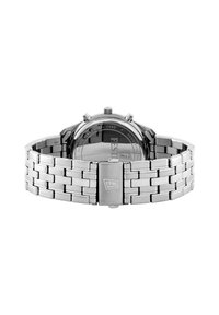 Orologio in acciaio inossidabile argento con cassa rotonda, bracciale a maglie, quadranti cronografici e una chiusura con logo impresso.