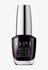 OPI Infinite Shine 2 long-wear lacquer in a dark purple shade, with a glossy finish and a cylindrical silver cap, features clear labeling.