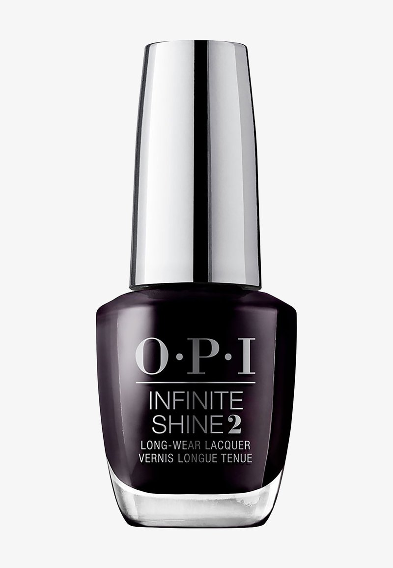 OPI Infinite Shine 2 long-wear lacquer in a dark purple shade, with a glossy finish and a cylindrical silver cap, features clear labeling.