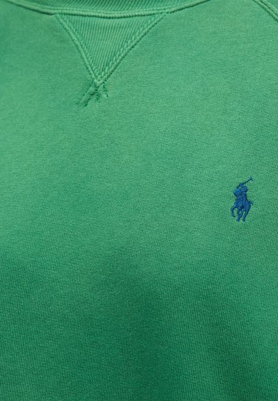 Πράσινο ύφασμα με ορατές ραφές κοντά στον γιακά και ένα μικρό μπλε κεντημένο λογότυπο παίκτη πόλο στη δεξιά πλευρά.