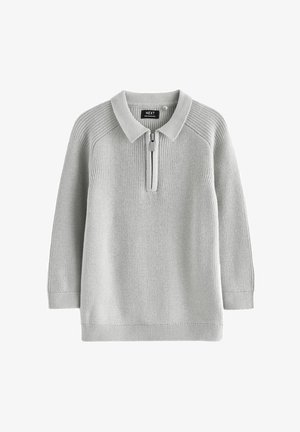 Maglione lavorato a maglia grigio chiaro con colletto polo, zip frontale a quarto, polsini e orlo a coste. Presenta un motivo di tessuto testurizzato.