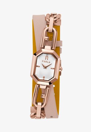 L'orologio Furla presenta una cassa ottagonale in oro rosa, un quadrante bianco, un cinturino in pelle rosa e dettagli in catena con una fodera interna gialla.