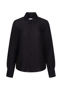 Blouse noire à manches longues avec patte de boutonnage sur le devant, col pointu et larges poignets, en tissu subtilement texturé.