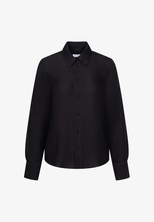 Sort langærmet bluse med knapper foran, spids krave og brede manchetter, fremstillet i subtilt tekstureret stof.