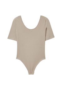 Body beige a maniche corte realizzato in materiale morbido. Presenta un collo rotondo e una silhouette aderente con un fondo a perizoma per un indossare senza cuciture.