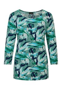 Langärmliges Oberteil in Grün mit floralem Muster, das blaue und weiße Blumen zeigt. Es besteht aus weichem Material und hat einen runden Halsausschnitt.