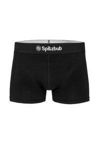 Zwarte boxershorts gemaakt van zachte stof, met een brede elastische tailleband met het "Spitzbub"-logo en contraststikseldetails.