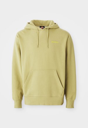 Sudadera con capucha de color verde claro, con bolsillo tipo canguro, cordones, puños acanalados y pequeño logotipo amarillo de "Dickies" en el pecho.