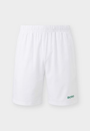 Pantalones cortos deportivos blancos con cintura elástica y pequeño logo verde "BORG" en la parte inferior derecha de la pierna sobre un fondo liso.
