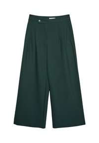 Weite Hosen aus dunklem grünem Stoff, mit Falten, einem Knopfverschluss und einer klaren, maßgeschneiderten Silhouette.