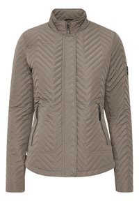 Beżowa pikowana kurtka ze stójką, z wzorem w jodełkę, dwoma kieszeniami bocznymi na zamek oraz długimi rękawami.