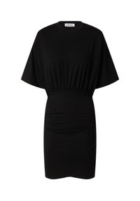 Schwarzes kurzes Kleid aus dehnbarem Stoff, mit rundem Ausschnitt, weiten Ärmeln und gerafftem Taillendetail für eine figurbetonte Silhouette.