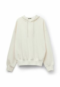 Weiße übergroße Kapuzenpullover mit Kordelzugkapuze, langen Ärmeln, gerippten Bündchen und geripptem Saum. Hergestellt aus weichem Stoff, minimales Design.