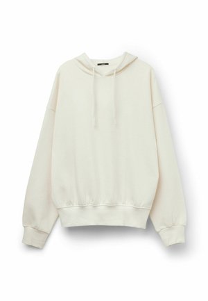Biała oversize'owa bluza z kapturem na sznurku, z długimi rękawami, prążkowanymi mankietami i prążkowanym pasem. Wykonana z miękkiego materiału, o minimalistycznym designie.