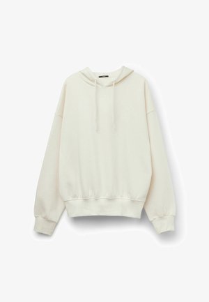 Weiße übergroße Kapuzenpullover mit Kordelzugkapuze, langen Ärmeln, gerippten Bündchen und geripptem Saum. Hergestellt aus weichem Stoff, minimales Design.
