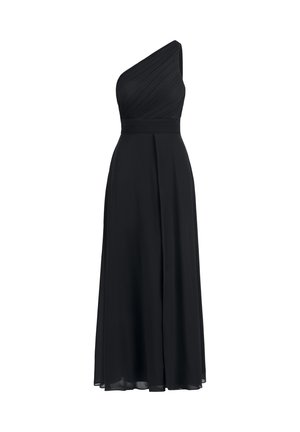 Black, one-shoulder dress made of flowing fabric. Features textured pleats on bodice, a fitted waist, and a full-length skirt with a slight A-line.