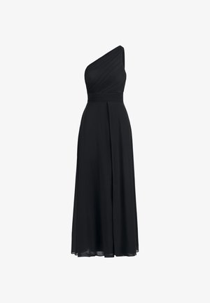 Black, one-shoulder dress made of flowing fabric. Features textured pleats on bodice, a fitted waist, and a full-length skirt with a slight A-line.