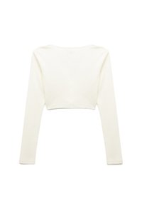 Witte cropped lange mouwtop, gemaakt van zachte katoen. Heeft een ronde hals en aansluitende mouwen, met een gladde textuur en minimale details.