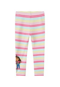 Multicolore leggings met horizontale strepen in roze, blauw, geel en wit, met een gedrukt figuur op het been.