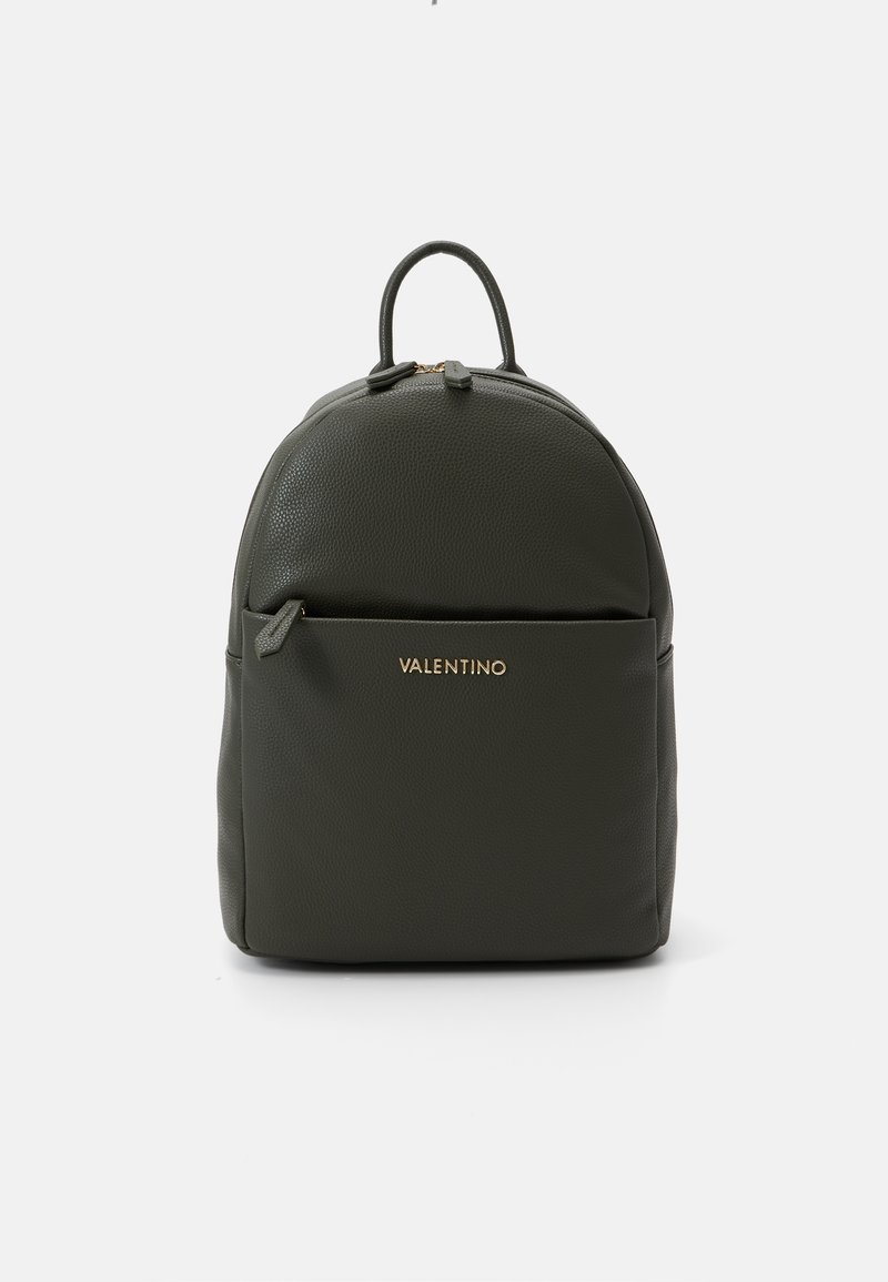 Dark green leather backpack with a textured finish, rounded top, and gold-tone branding. Features a front zipper pocket and dual top handles.