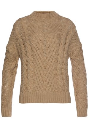 Pull beige en maille avec motifs torsadés et chevrons, manches longues, poignets et taille côtelés.