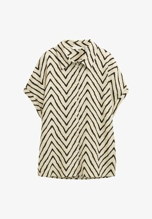 Šviesiai kreminės spalvos trumpų rankovių marškiniai su juodais zigzago raštais, turintys taškinius apykaklę ir mygtukų eilutę, pagaminti iš lengvos medžiagos.